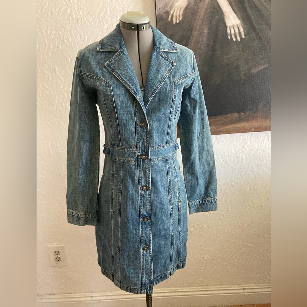 DKNY  vintage blue denim knee length button down duster jacket, size S